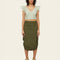 olive green midi skirt with adjustable bungee sides and cargo pockets