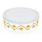 glass storage bowl with white lid and orange vine flower design