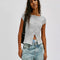 model wearing grey short sleeve ribbed top with scalloped detail on the neckline and sleeves and has a button front