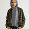 model wearing grey extra large balabonnet tied under the chin
