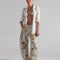 model wearing tan barrel jeans with all over painted banana print