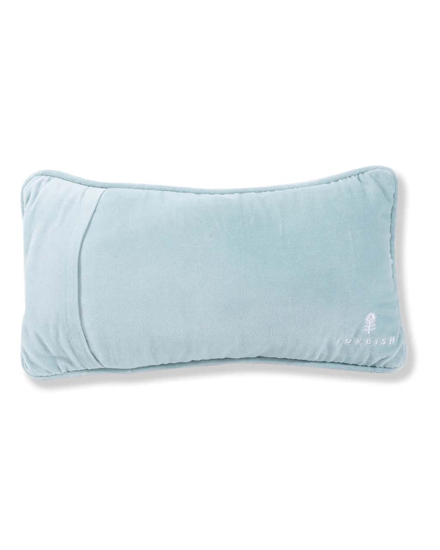 light blue back of floral rectangular throw pillow with 'i never repeat gossip, so listen carefully' across the front