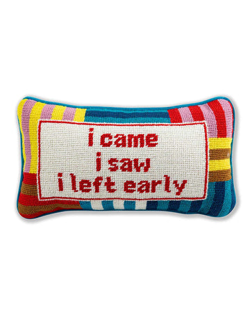 colorful striped rectangular throw pillow with 'i came, i saw, i left early' across the front