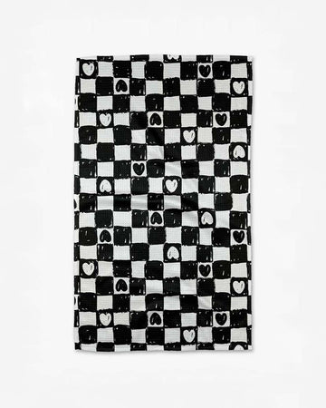 black and white checkered print tea towel with heart pattern