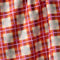 up close of red light blue, cream and pink autumn plaid kitchen towel