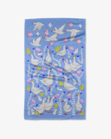 periwinkle tea towel with geese and bunny print