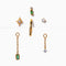 set of 5 gold mismatched earrings with clear crystal and emerald stone accents