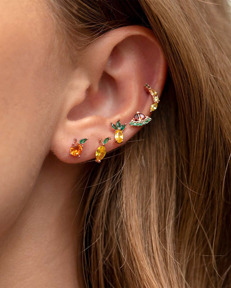 model wearing set of five fruit shaped stud earrings