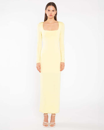 model wearing yellow square neck long sleeve knit maxi dress