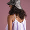 sideview of model wearing black and white gingham tulip bucket hat