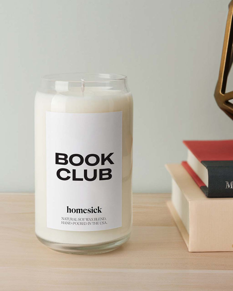 'book club' 13.5 oz soy candle on table