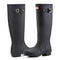 tall black rubber rain boots with silver buckles on the side and hunter logo on the front