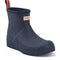 front view of navy short rubber rain boots with hunter logo on the front