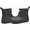 black short rubber rain boots with cream insulated interiors