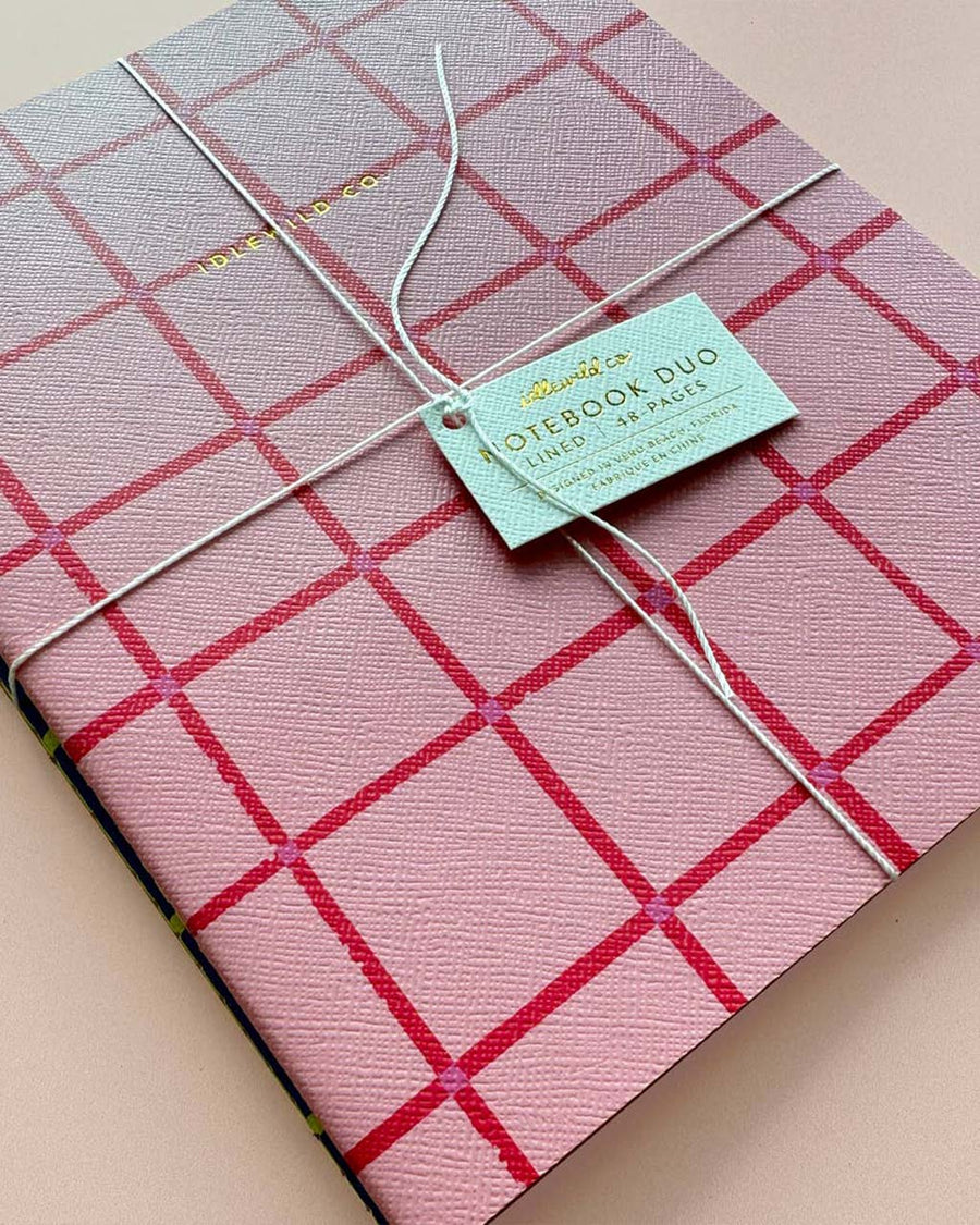 packaged set of two notebooks: pink grid and blue and lime green grid