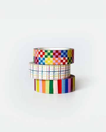 set of three rainbow washi tape rolls: rainbow checkered, rainbow plaid, and rainbow stripe