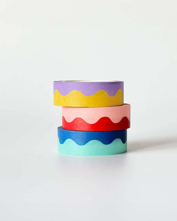 set of three squiggle washi tape rolls: yellow/lavender squiggle, pink/red squiggle, blue/aqua squiggle