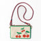 cream, green and red cherry beaded clutch with red removable strap