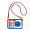 blue, orange and cream sardine beaded clutch with red removable strap