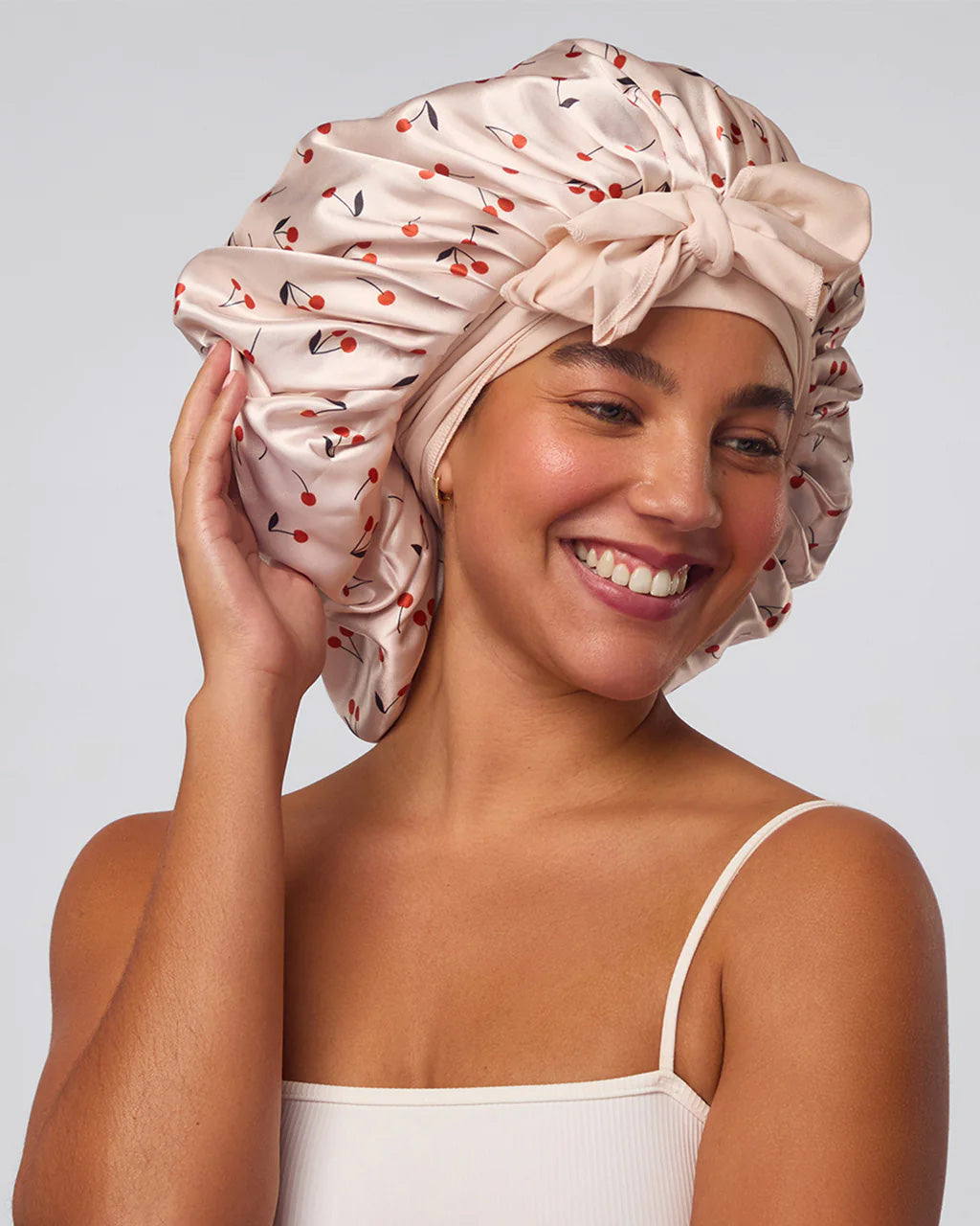 Adjustable Oversized Satin Bonnet Cherry Print –