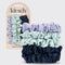 set of 5 satin scrunchie set: 2 mint, 2 navy and 1 lavender