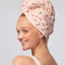 model wearing light pink large absorbent XL hair towel with all over cherry print