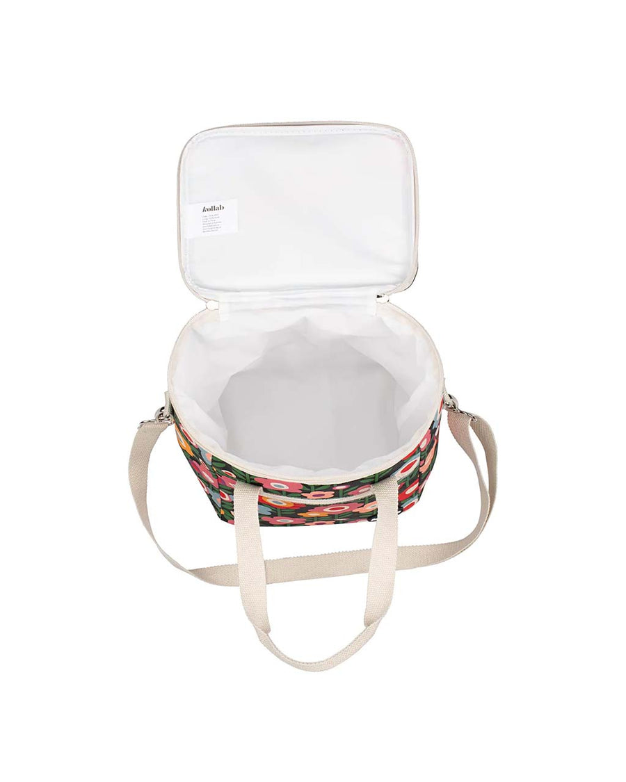 white interior of mini cooler bag with colorful mod inspired floral print