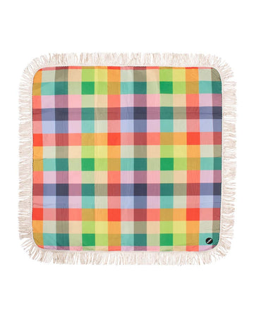 medium foldable picnic mat with colorful plaid print and white fringe