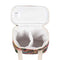 white interior of black wine cooler with colorful mod floral print and white straps