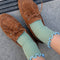 model wearing sea foam socks with baby blue trim and brown shoes