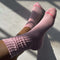 model wearing ballet pink socks with high cuff