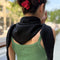 back view of model wearing black cashmere shawl