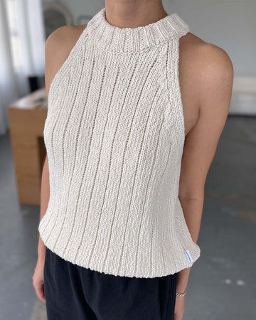 model wearing naturel knit halter sweater top 