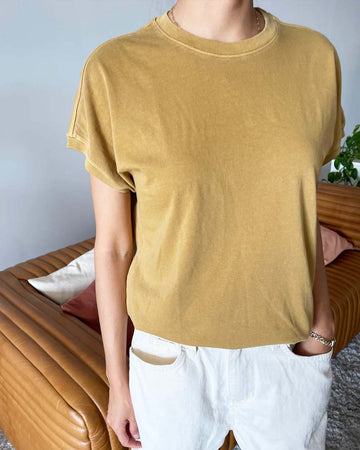 model wearing butterscotch relaxed fit vintage tee