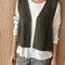 model wearing olive green knit open front sweater vest
