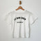 back view of 'le bon crew Los Angeles' vintage white crew tee on a hanger