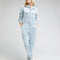model wearing light denim long sleeve unionall with slit pockets, button front and collar
