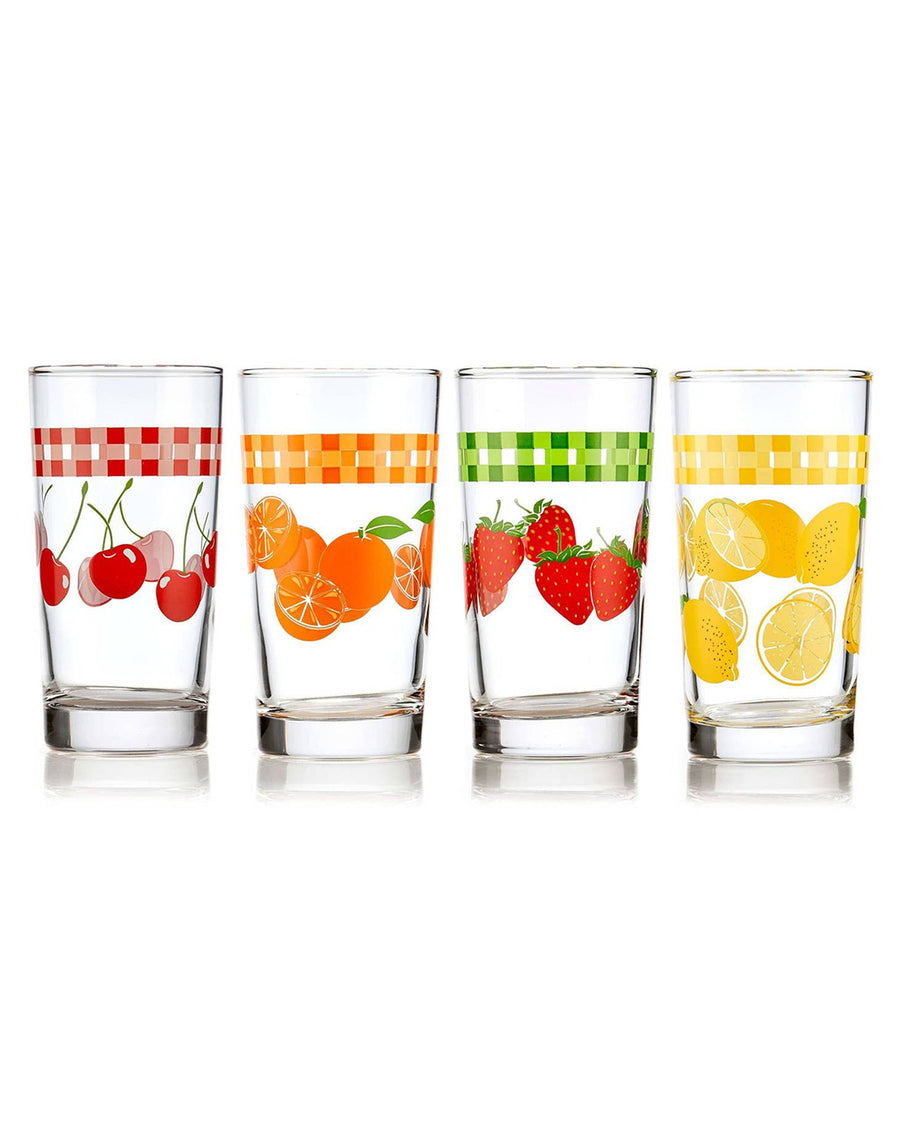 set of 4 vintage inspired fruit glasses: cherry, orange, strawberries and lemon
