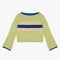 light green sweater with cobalt, pink, and cream striped center