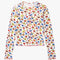 white cotton cardigan with red lettuce trim, red button front, and retro primary color floral print