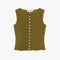 cropped olive crinkle button front tank with various shaped shell buttons