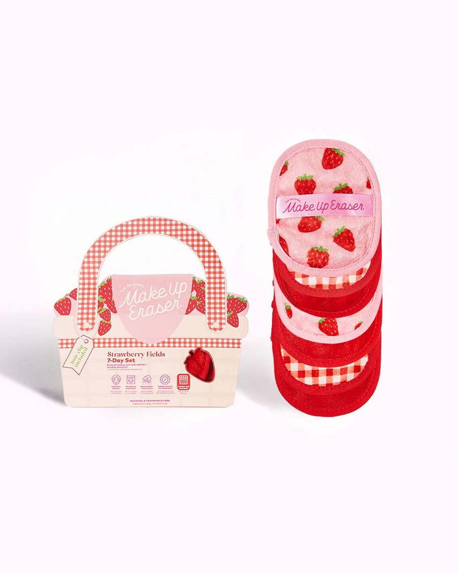 set of 7 strawberry, gingham and red makeup erasers with wash bag and checkered hair clip