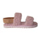 side view of pink faux fur slipper sandal with brown elastic strap