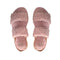 top view of pair of pink faux fur slipper sandals with brown elastic strap