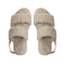 top view of tan faux fur slipper sandals with brown elastic strap