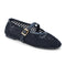 angled black open woven ballet flats with strap and buckle
