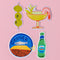 set of 4 deli stickers: dill pickle spear, everything bagel with lox, a slice of cheese and a coffee in a disposable cup