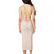 back view of model wearing light brown and white space dyed knit midi dress with open back
