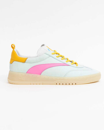 aqua sneaker with yellow and hot pink trim detail and yellow shoe laces