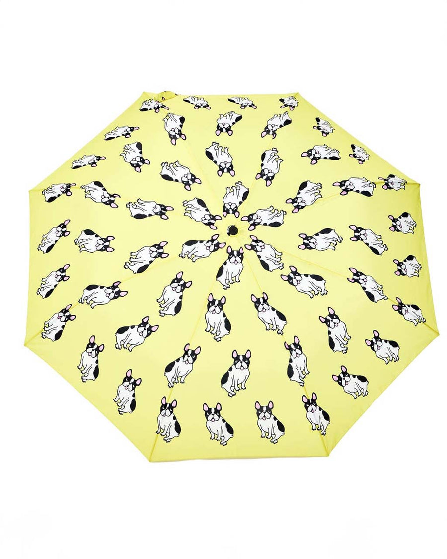 opened yellow duckhead umbrella with all over french bulldog print